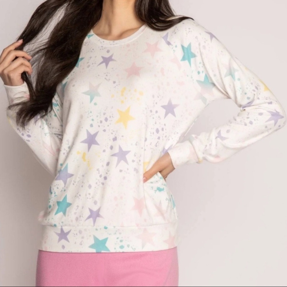PJ‎ SALVAGE Medium Cozy Pastel Star Splatter Long Sleeve Pajama Top Loungewear